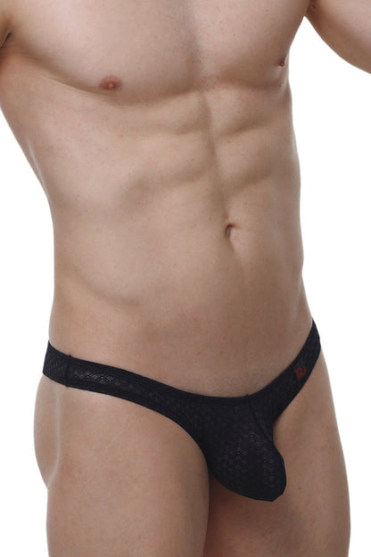 Petitq bikini capri macra black black lace thong with subtle textured pattern and small red logo on the side