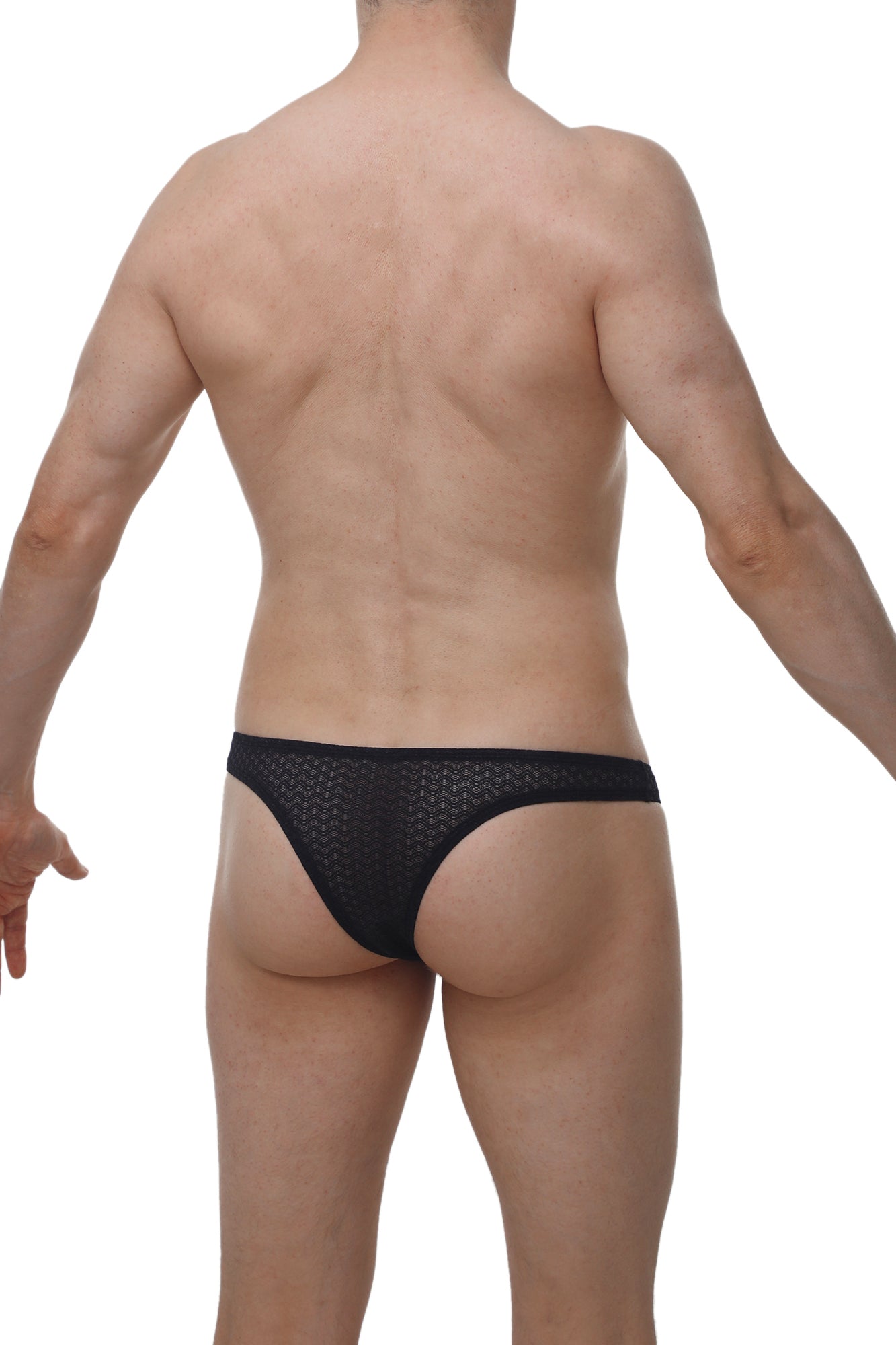 Black mesh petitq bikini capri macra briefs with textured patterned design showing front side