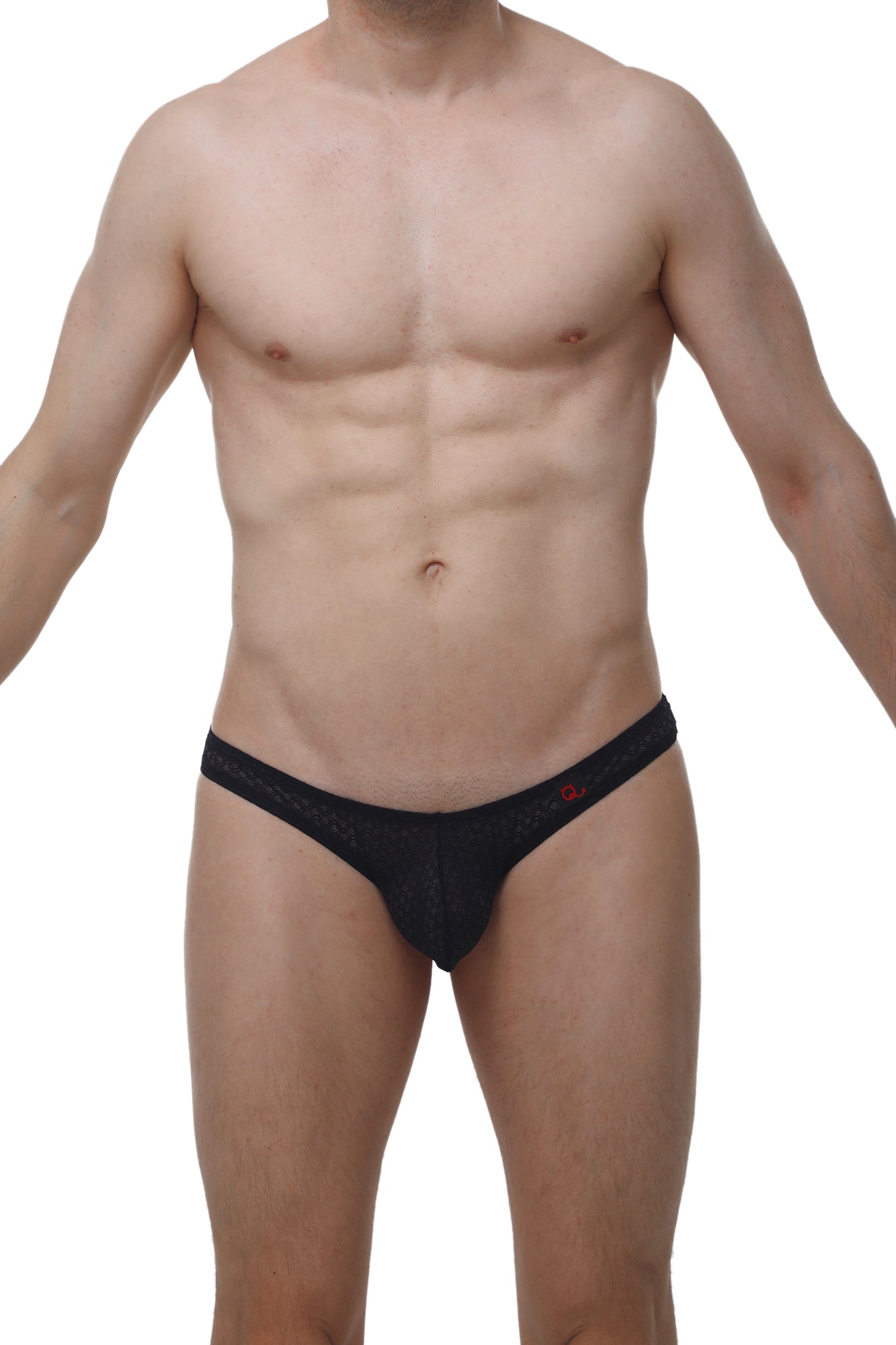 Petitq bikini capri macra black black mesh briefs with a subtle red logo on the waistband front view