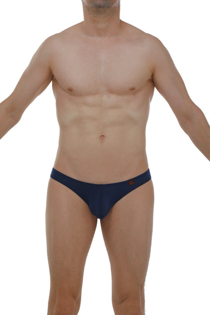 Navy blue petitq bikini capri briefs with small red logo on waistband in plum navy color