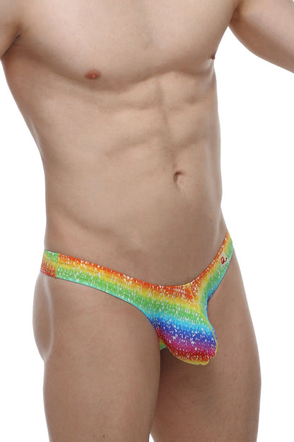Petitq bikini capri rainbow thong with a vibrant rainbow sequined glittery gradient design front side