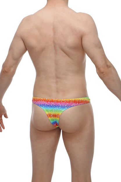 PetitQ bikini capri rainbow featuring a rainbow glitter thong with vibrant horizontal stripe pattern