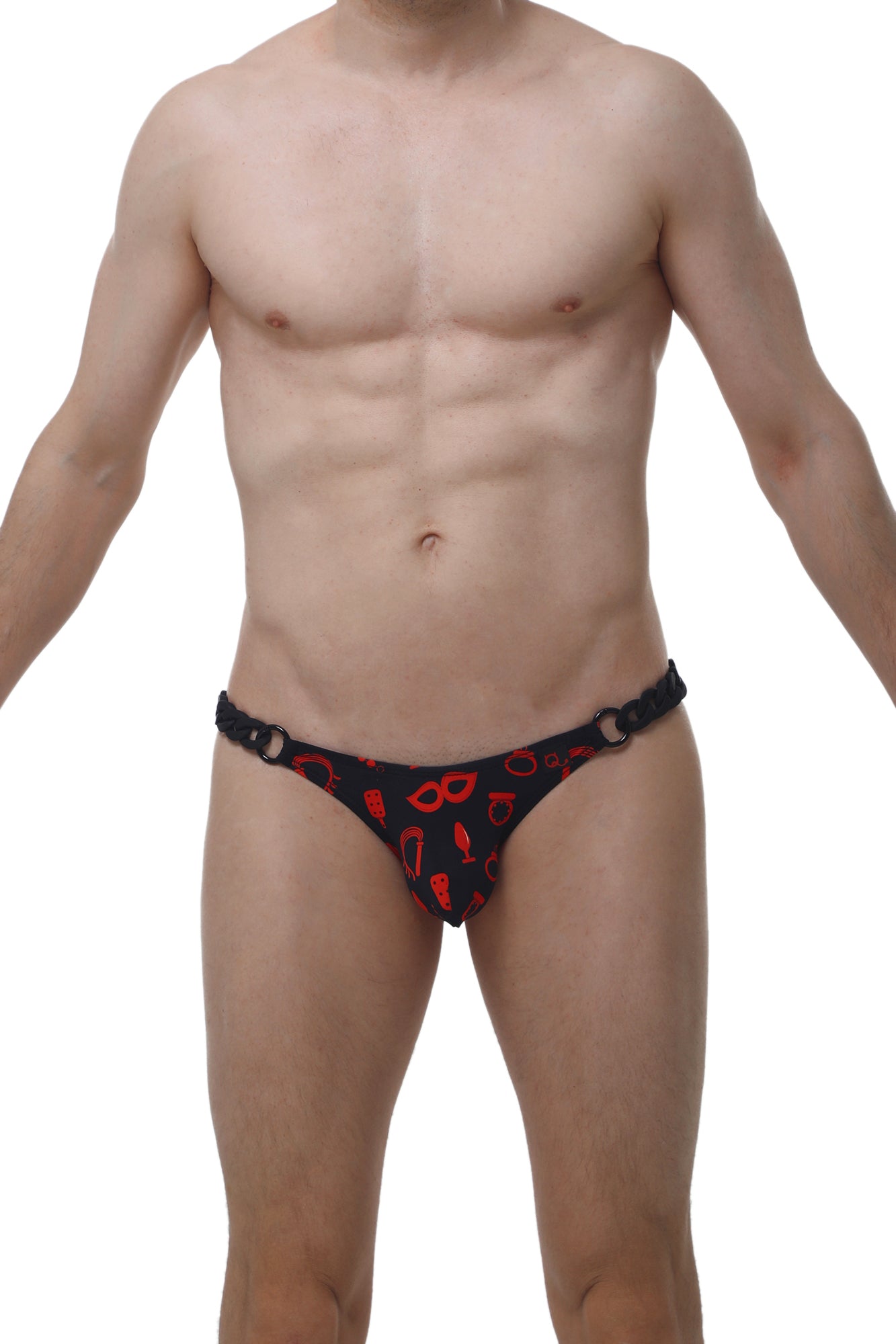 Black thong with red cocktail and mask patterns from the PetitQ bikini chains boudoir collection