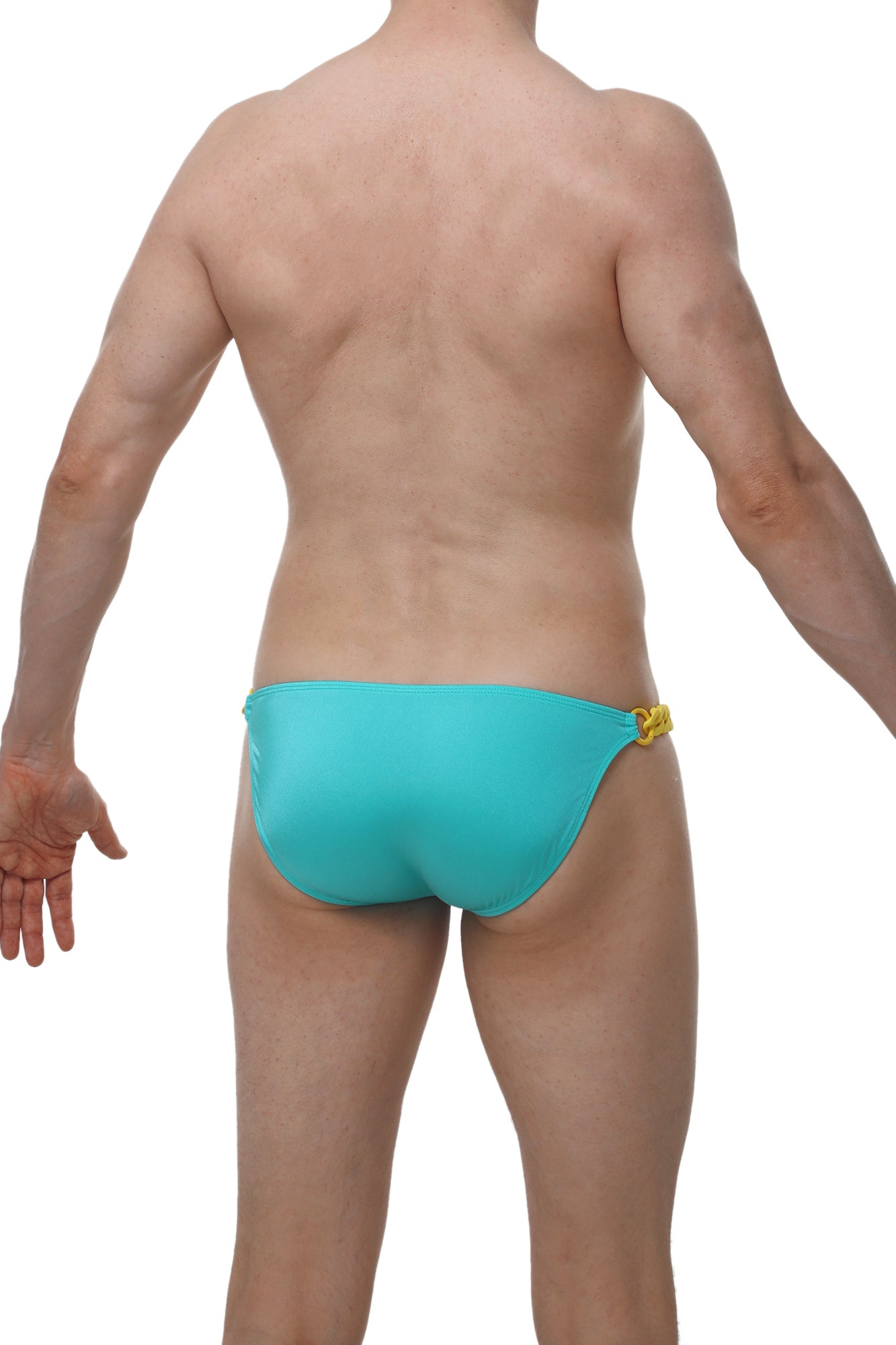 Turquoise petitq bikini chains joe green one-piece swim trunks with yellow metallic side clasp for swimwear use