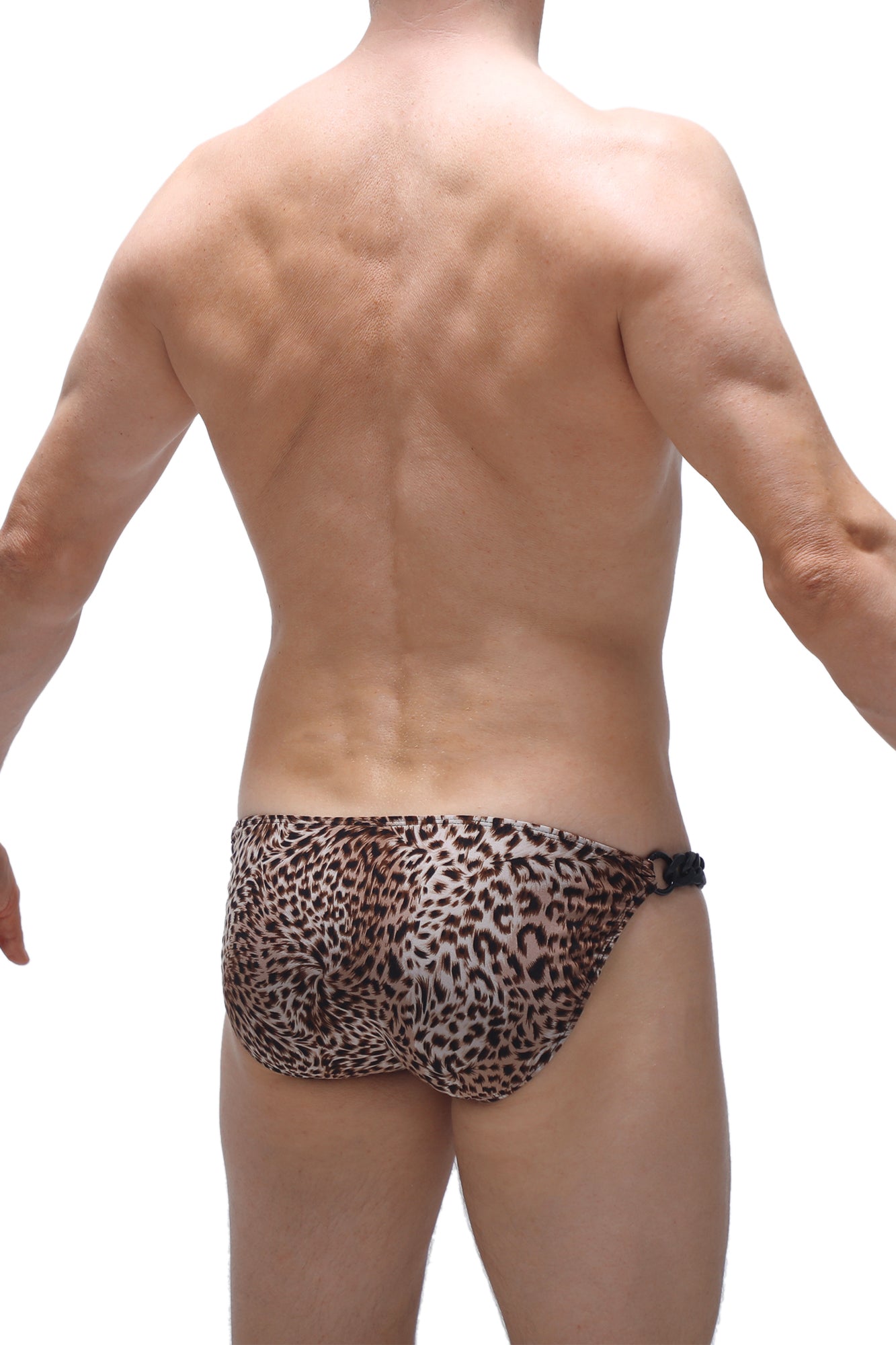Leopard-print swim trunks with black adjustable waistband from petitq bikini chains panthere collection