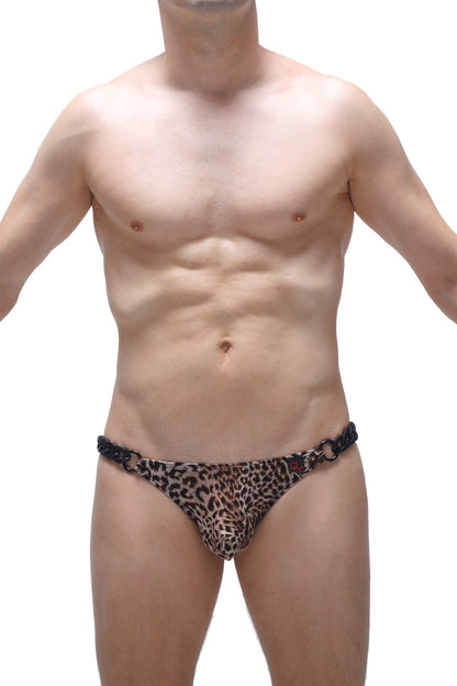 Leopard-print thong with black chain detailing and a small red logo on the waistband from petitq bikini chains panthere