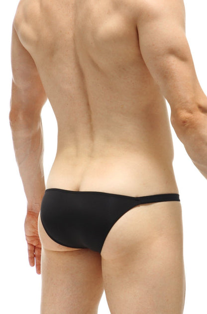 Black petitq bikini cornil plum thong made of smooth stretchy fabric shown from the back side