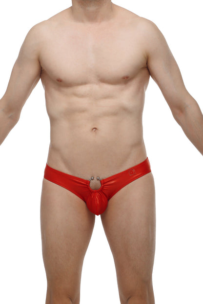 Red shiny latex thong bikini cup with central ring detail from petitq cuxac collection