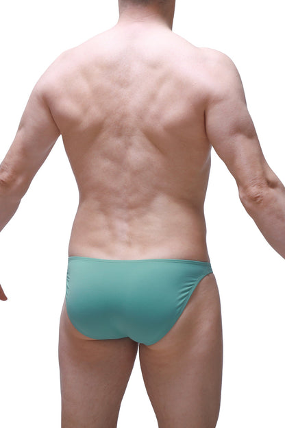 Teal-colored PetitQ bikini briefs with smooth form-fitting fabric in dome green design shown from the back