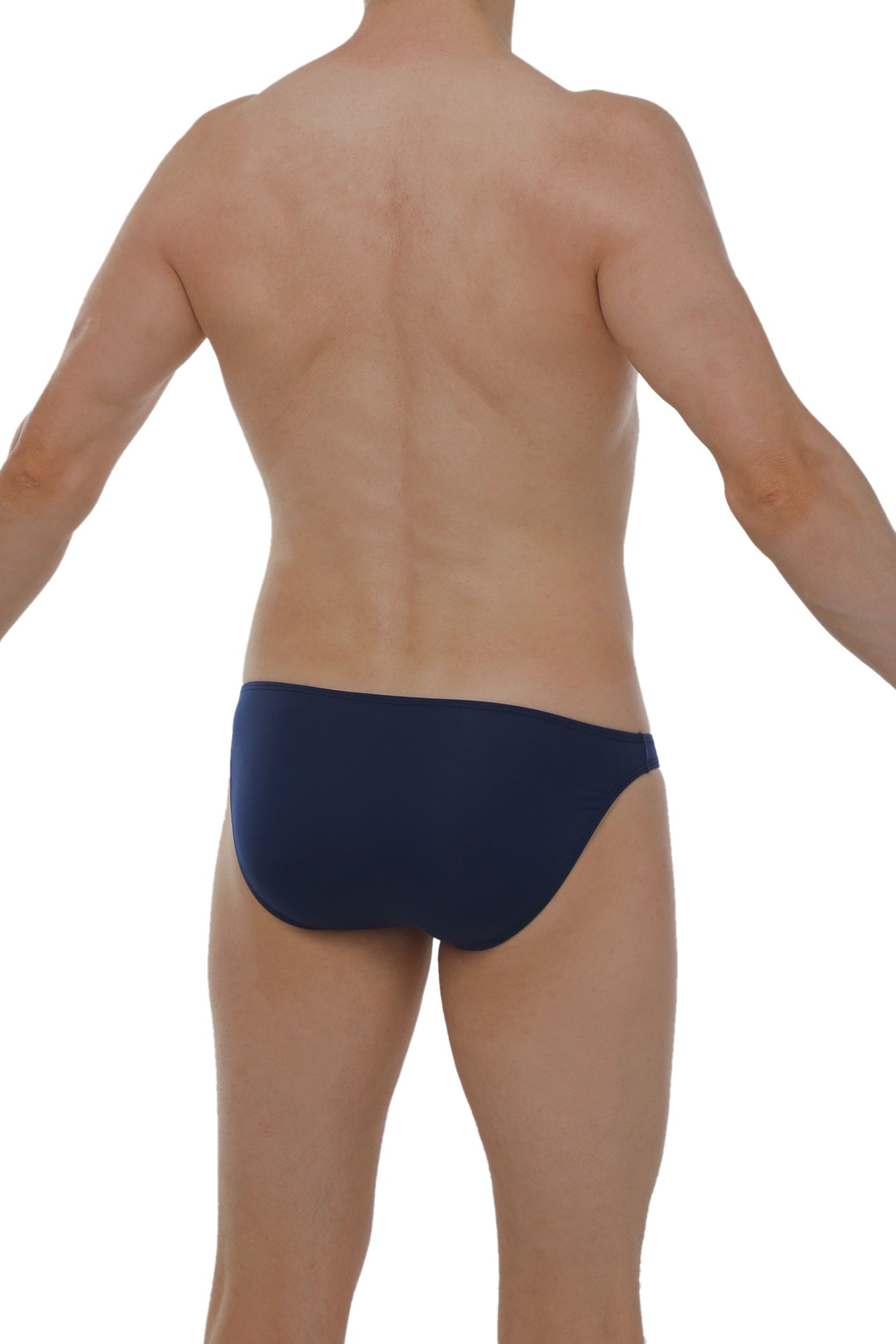 Navy blue PetitQ bikini dome briefs with plum accents made from soft breathable fabric showing the back side