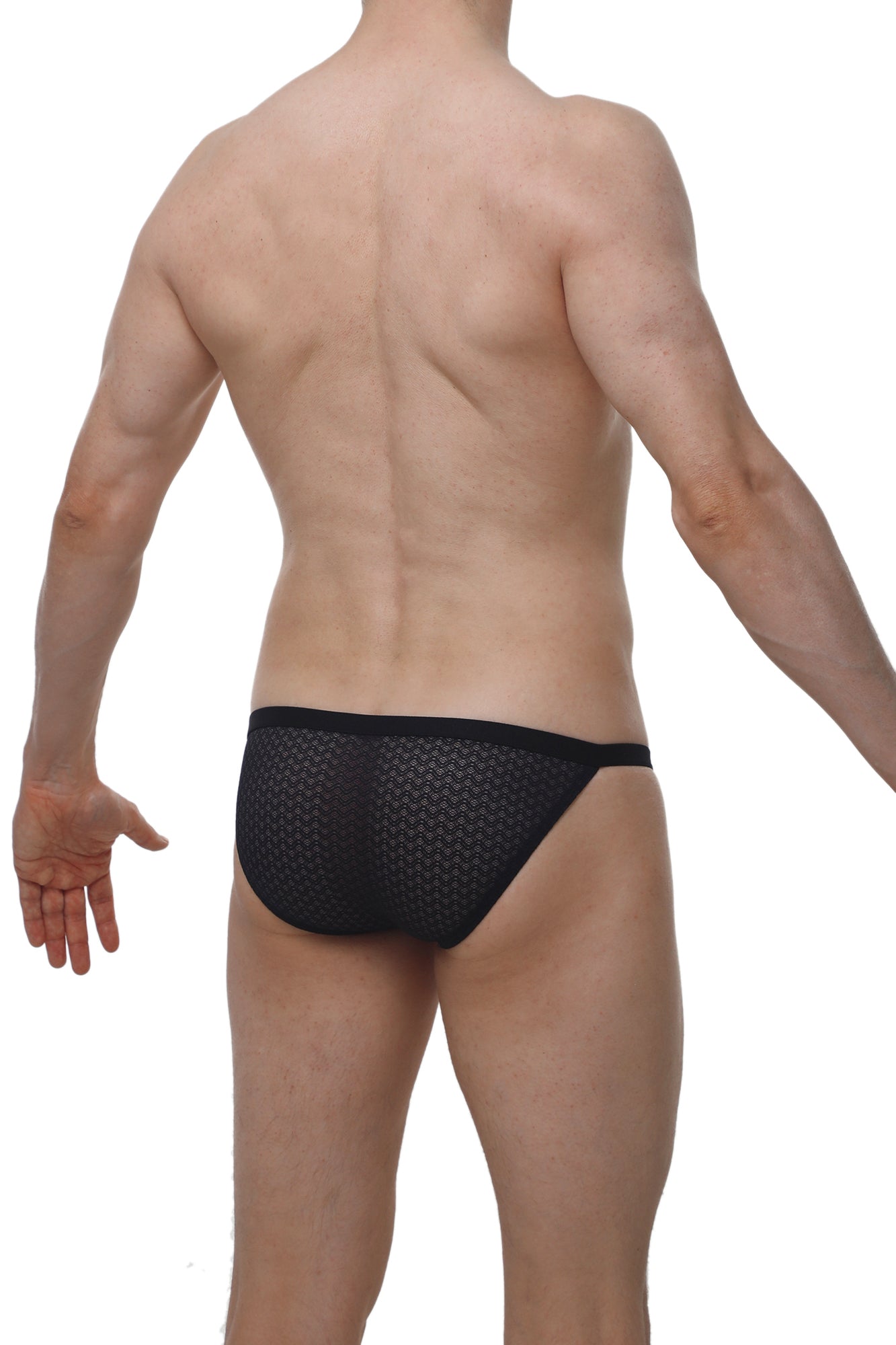 Black PetitQ bikini Ladon Macra briefs in mesh material with a subtle geometric pattern and breathable design