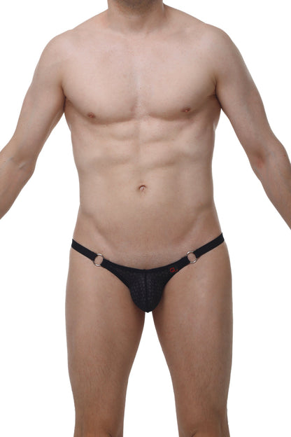 Black mesh thong with gold toned side rings from PetitQ bikini ladon macra black collection