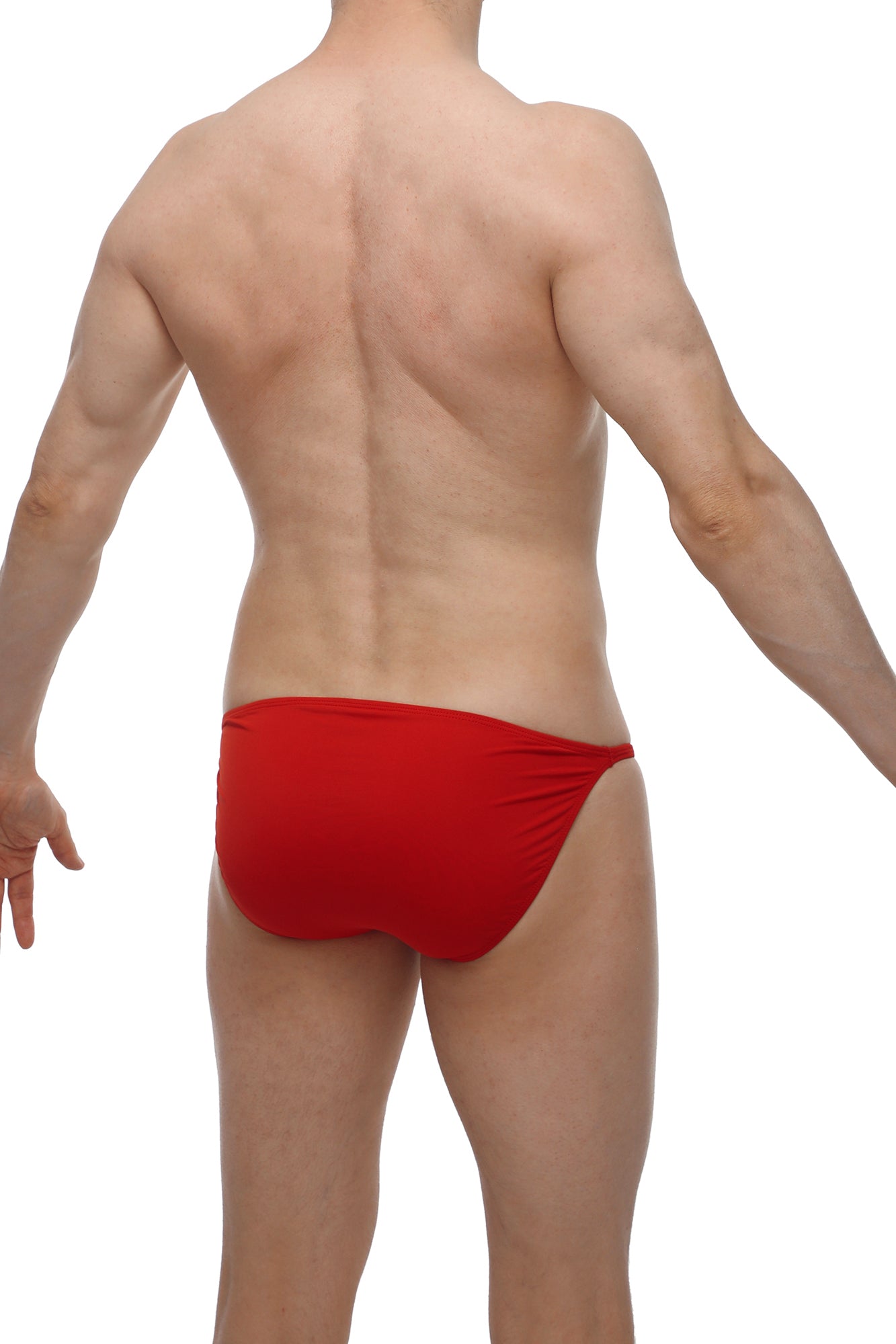 Red form-fitting swim trunks with smooth fabric finish from petitq bikini lhery red collection