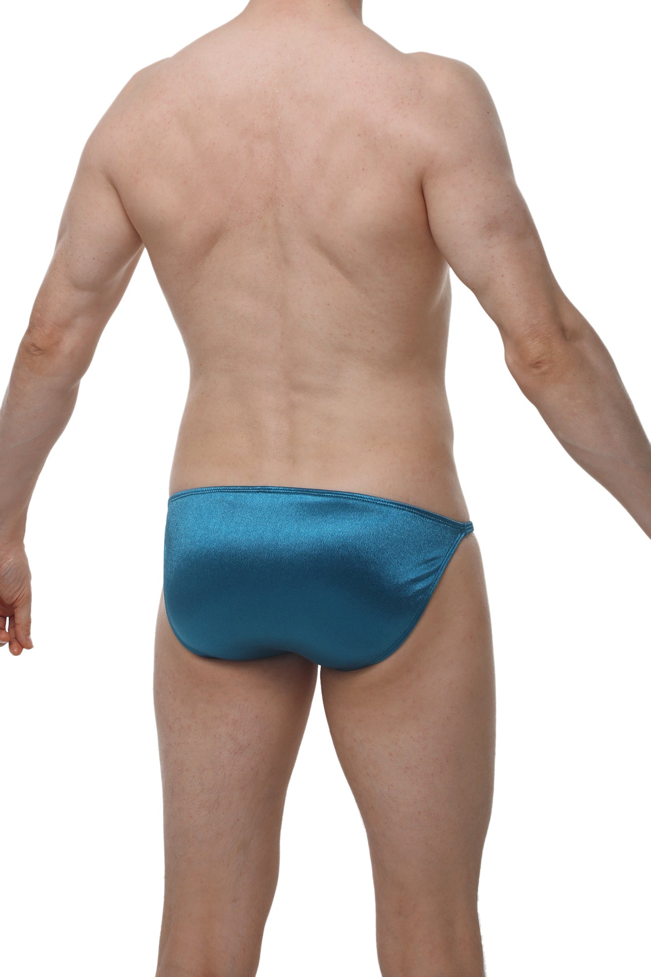 A sleek teal satin brief from PetitQ bikini featuring a smooth glossy finish and tailored fit