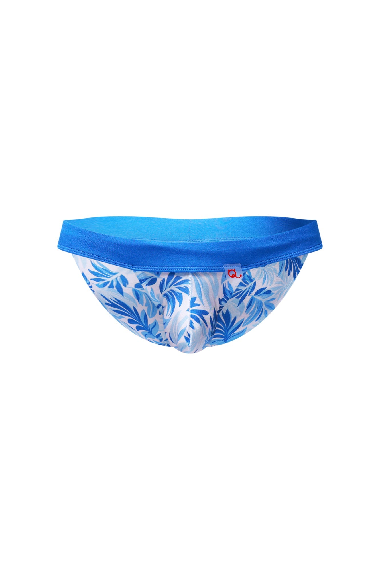 Blue and white tropical leaf patterned briefs with solid blue waistband petiteq bikini linthes maeha front view