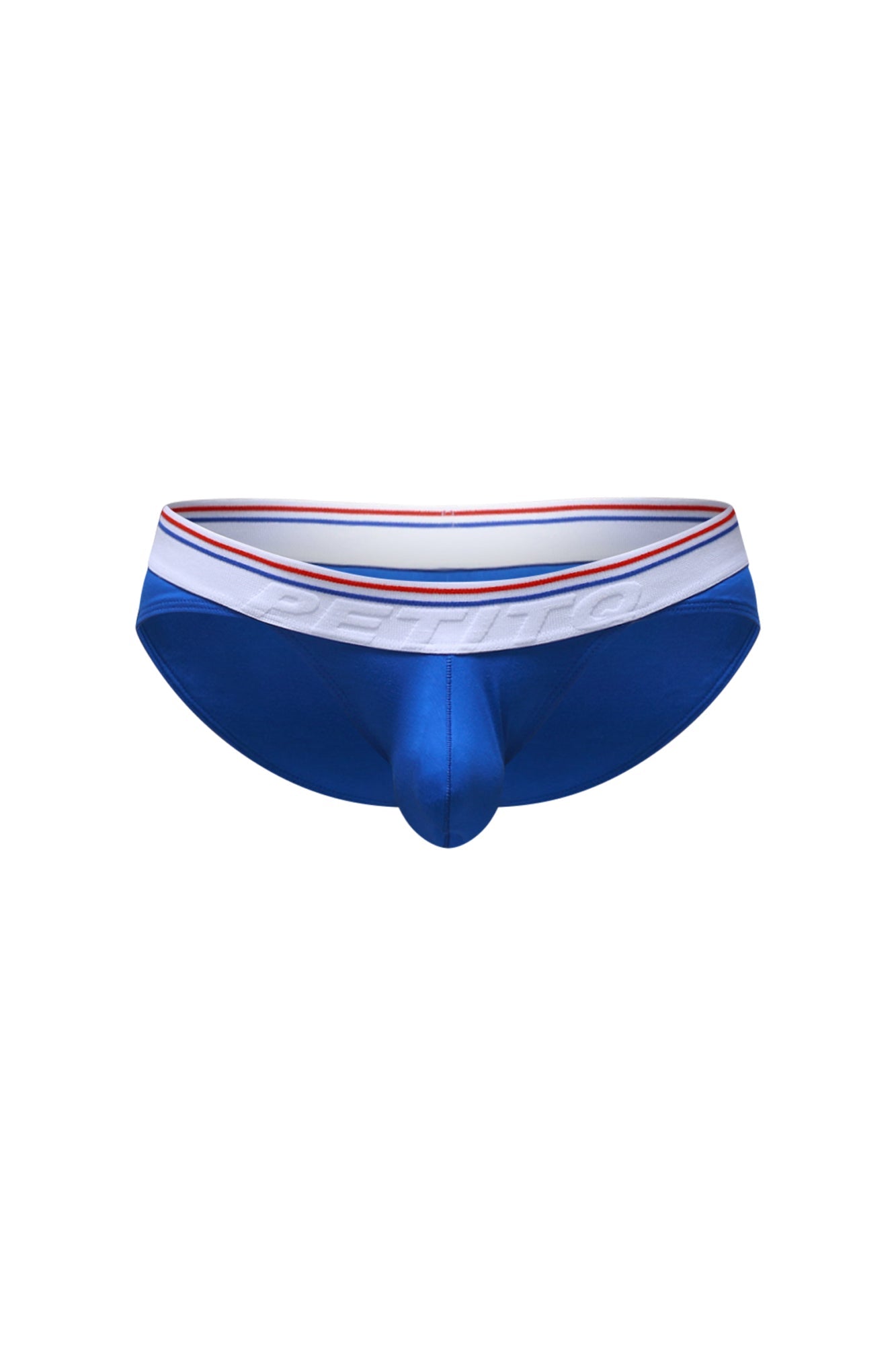 Blue petitq bikini mega bulge modal briefs with white waistband striped red and blue embossed pethro branding