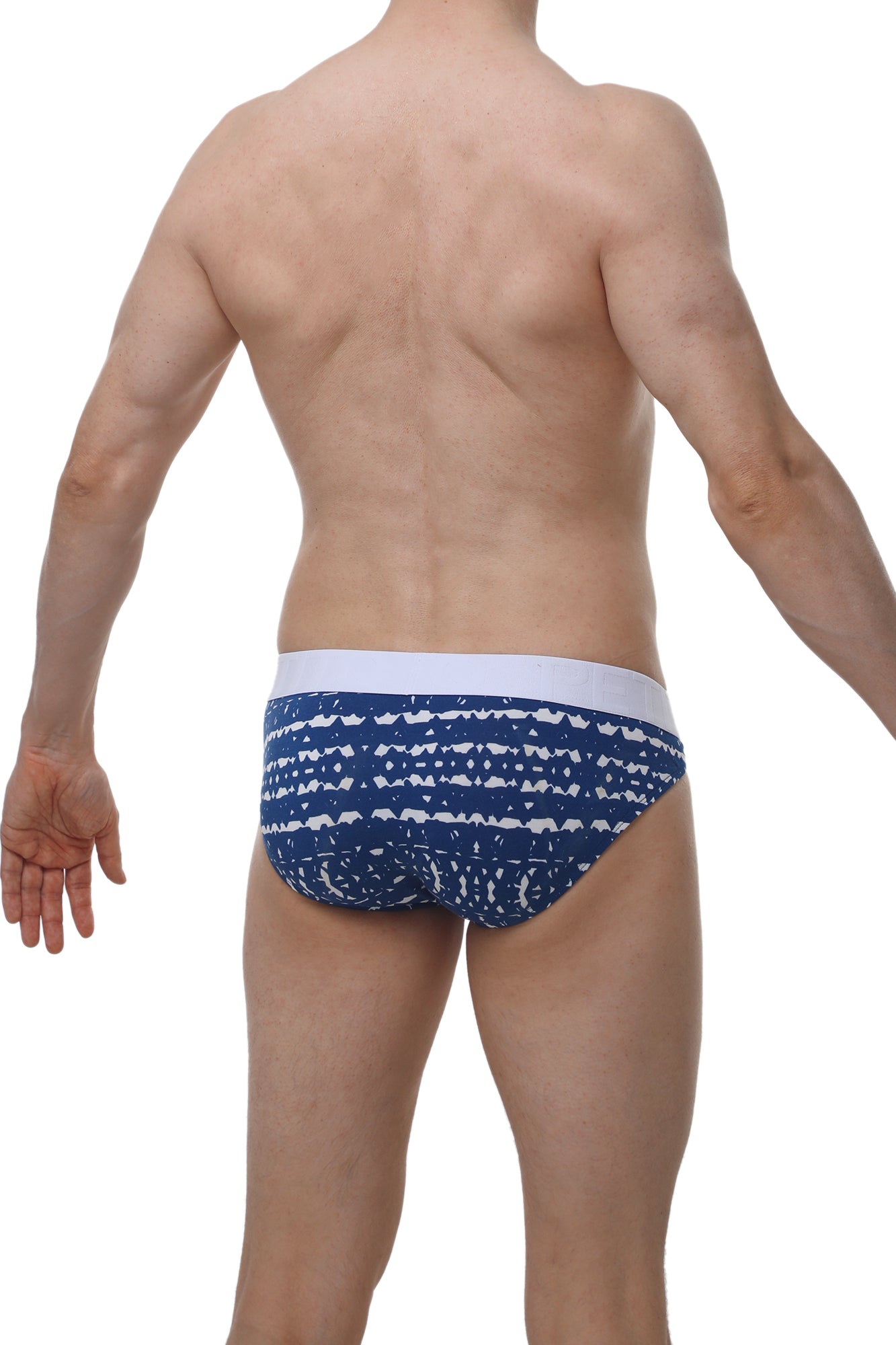 PetitQ bikini mega bulge new denim men’s briefs with blue and white pattern and solid white waistband