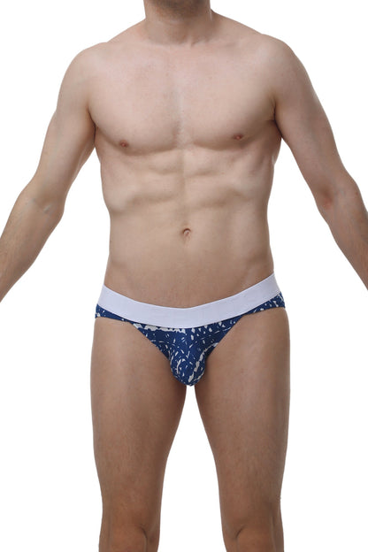 Petitq bikini mega bulge men’s briefs in blue and white pattern with solid white waistband for comfortable wear