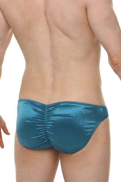 Teal metallic satin briefs with ruched back design from petitq bikini murlin satin teal collection
