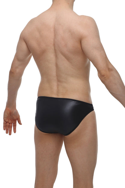 Black glossy swim trunks with sleek minimalist design from petitq bikini open junies black collection