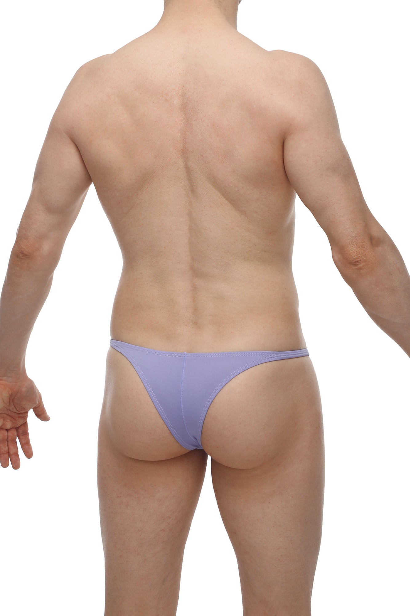 Lavender-colored petitq bikini plellis lilac thong in smooth stretch fabric shown from the back side