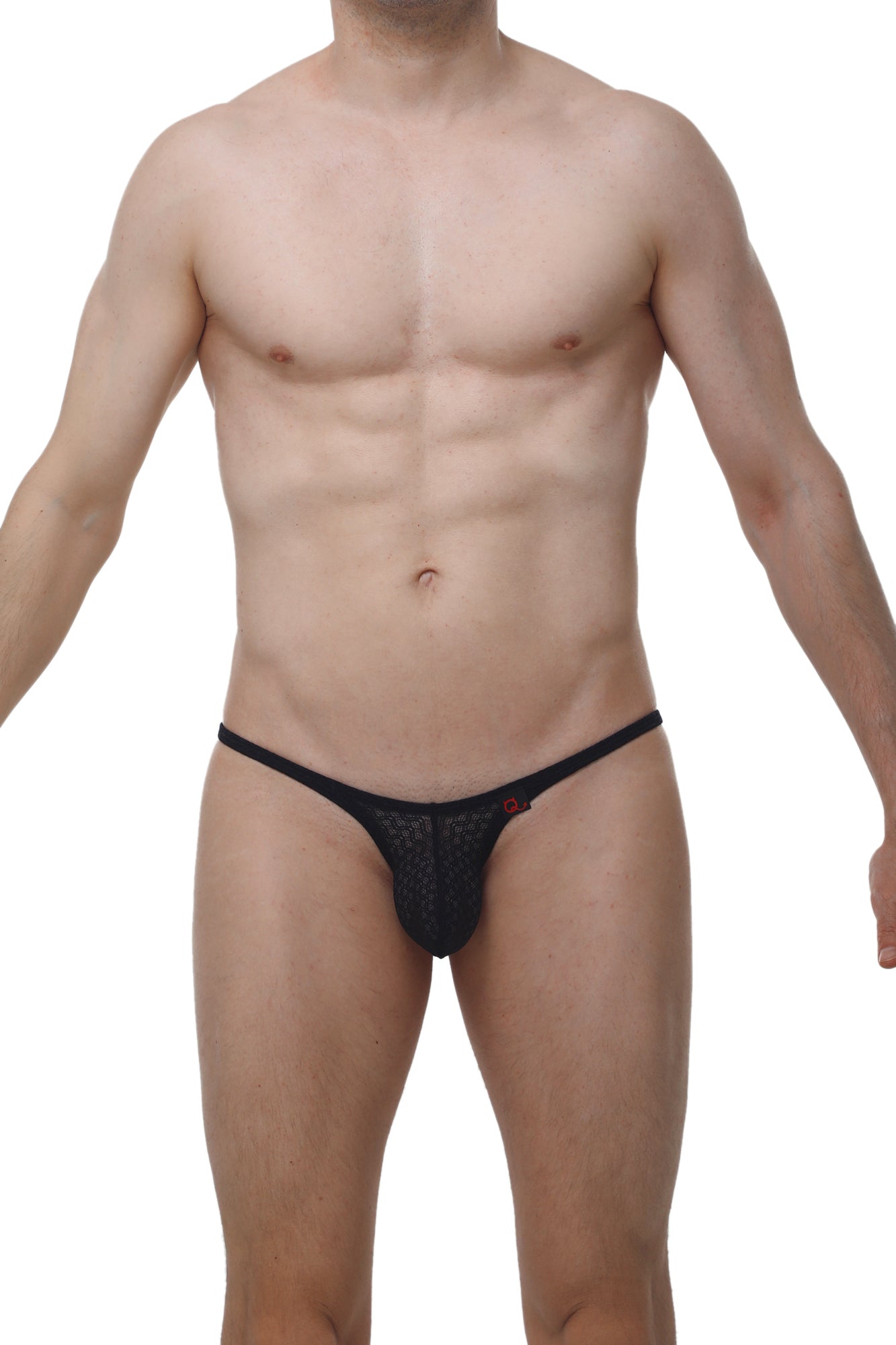 Black mesh thong with small red logo on the side from petitq bikini plellis macra black collection visible from the back