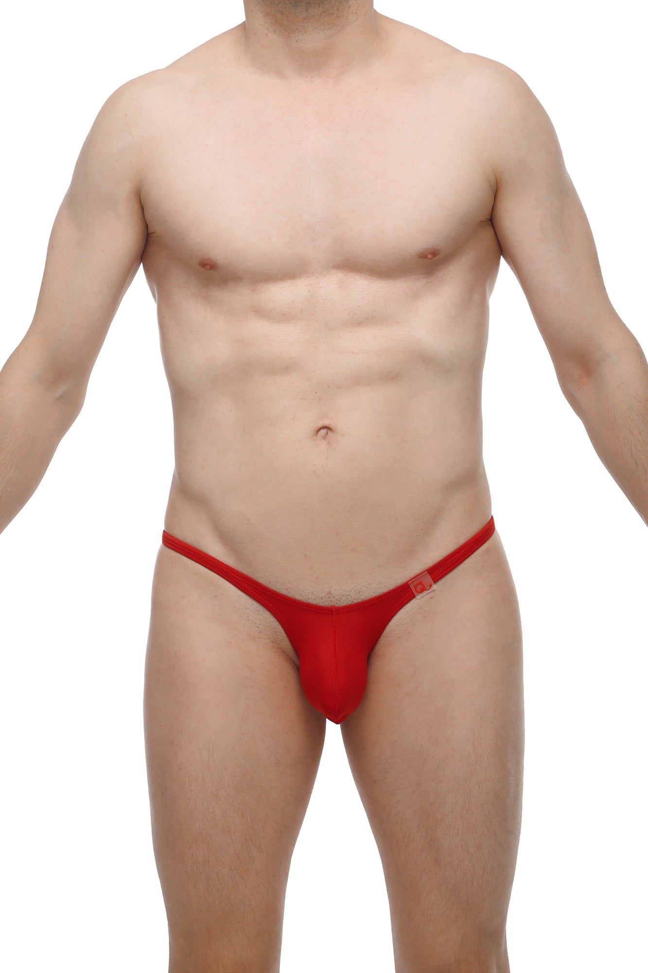 Red thong bikini with small square logo on sideband in PetitQ bikini prellis red design