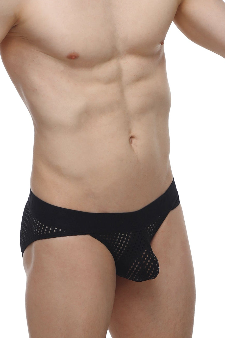 Black mesh petitq bikini protruder durtol briefs with solid waistband showing front view