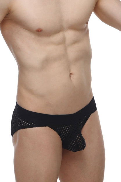 Black mesh petitq bikini protruder durtol briefs with solid waistband showing front view