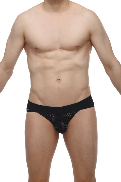 Black mesh petitq bikini protruder durtol briefs featuring a perforated design and breathable material