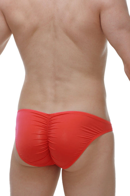 PetitQ bikini prulhé plum crimson bright red ruched swim trunks with sleek form-fitting design front view