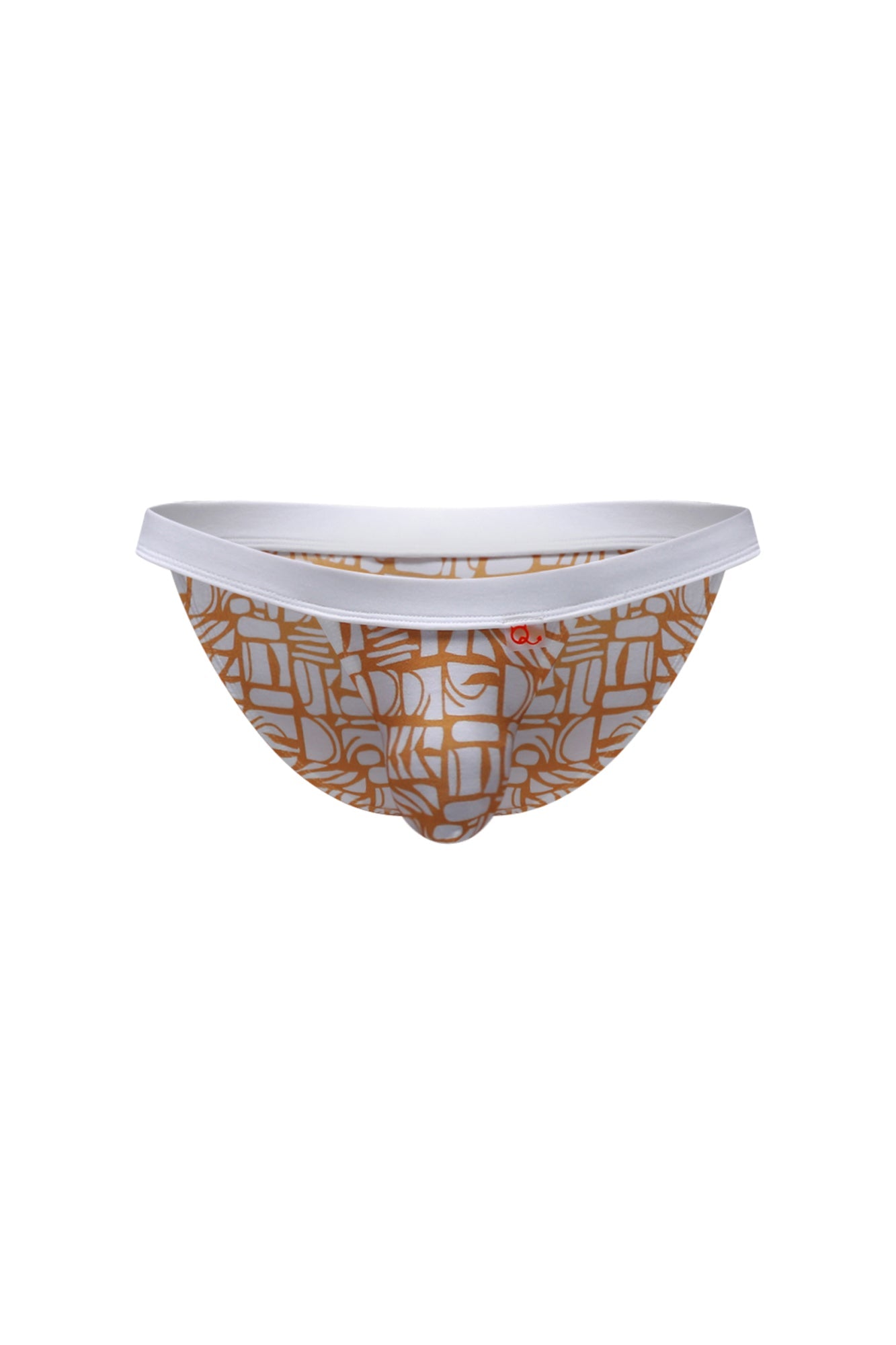 A pair of PetitQ bikini sillas carlot alloy men’s briefs with tan and white geometric pattern and white waistband