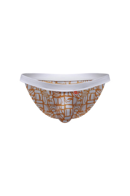 A pair of PetitQ bikini sillas carlot alloy men’s briefs with tan and white geometric pattern and white waistband