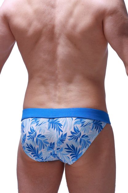 Petitq bikini sillas maeha blue tropical leaf-patterned men’s briefs with solid blue waistband front view