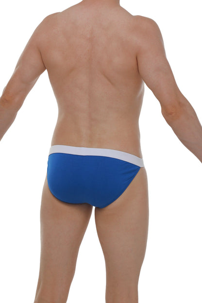 Blue swim trunks with a white waistband made of modal fabric by PetitQ for comfortable beachwear