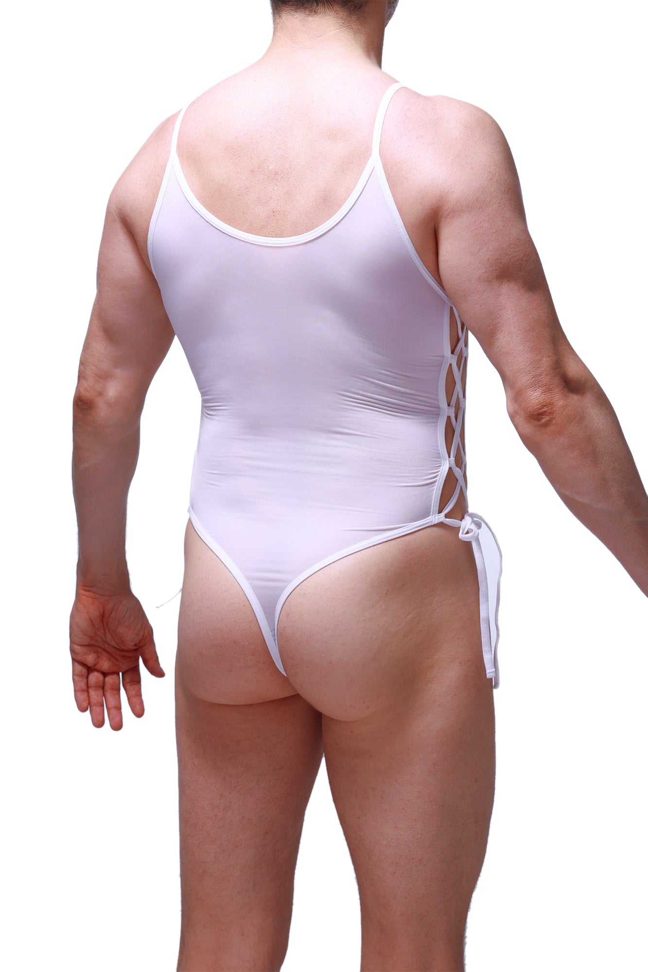 White one-piece swimsuit petitq body lacets plum with thin straps and lace-up back detail shown from the back