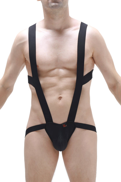 PetitQ BodyJockstrap black suspenders-style bodysuit with snug fit and small red logo on the front