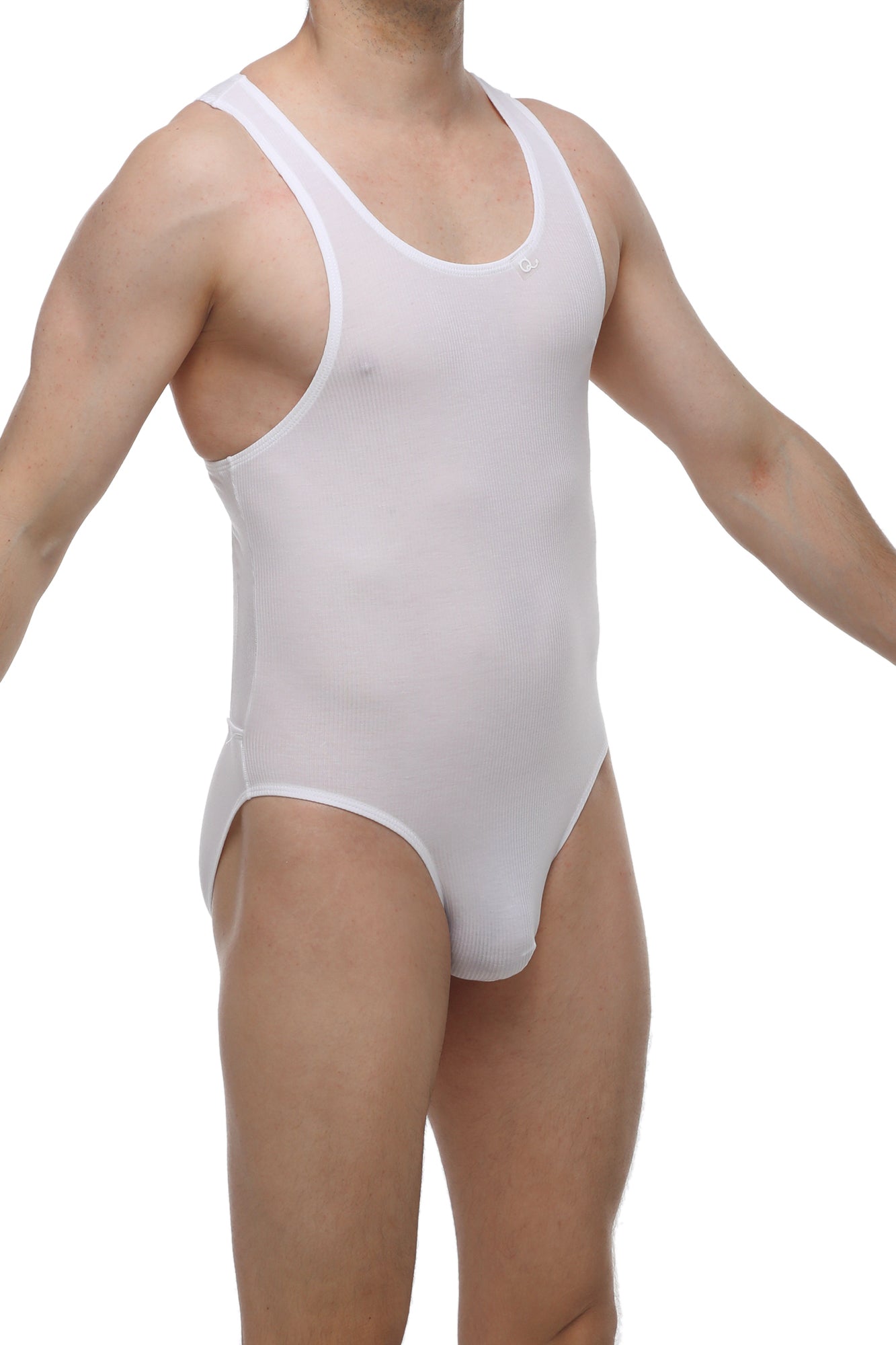 PetitQ bodybrief open white is a white form-fitting one-piece swimsuit with scoop neckline and wide shoulder straps