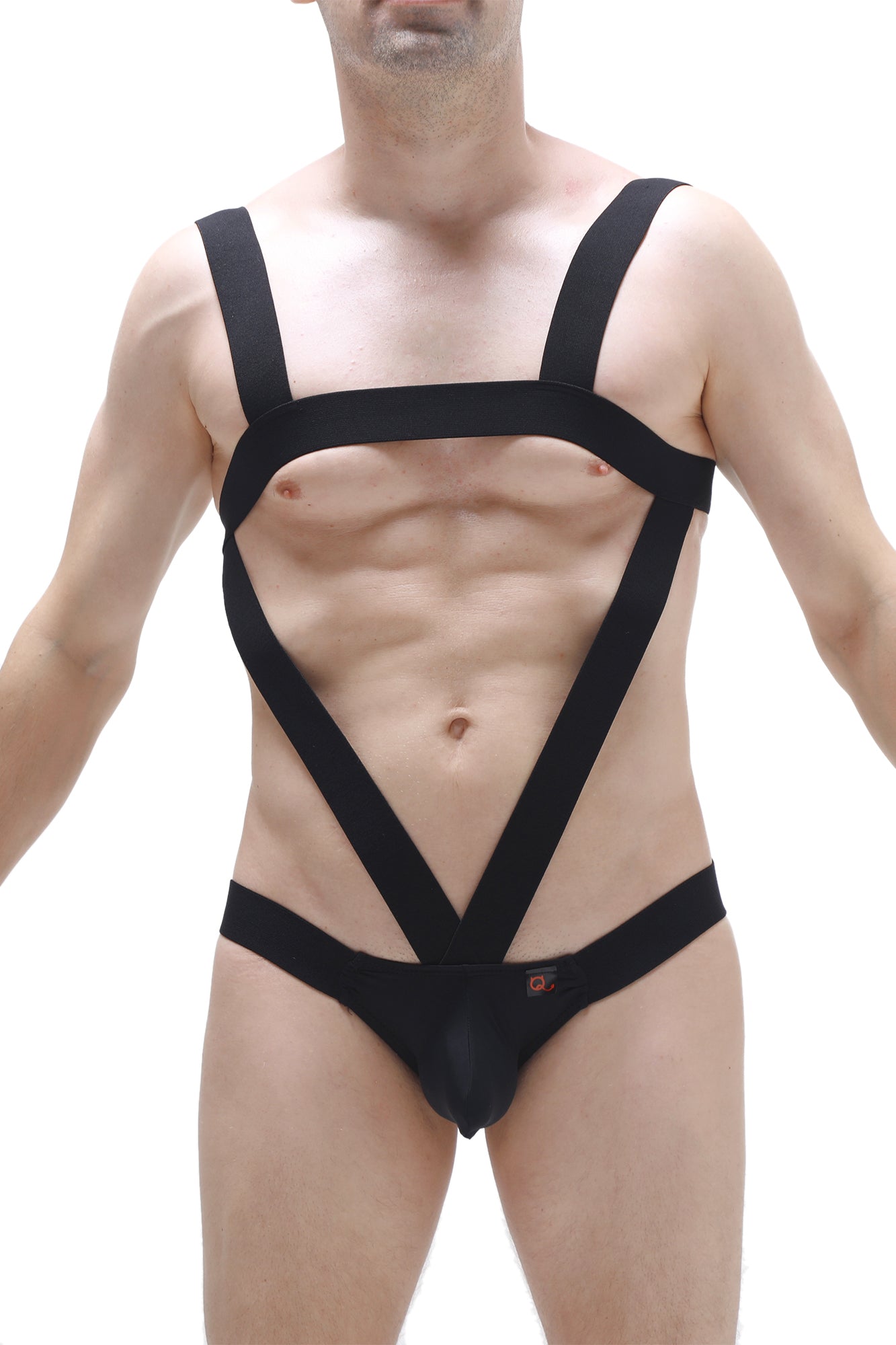 Black strappy harness-style bodysuit with bold geometric design petitq bodyjockstrap oulins black front view