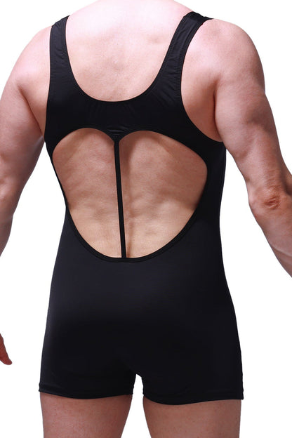Black petitq bodysuit boxer linthal wrestling singlet with heart-shaped cutout on the back side