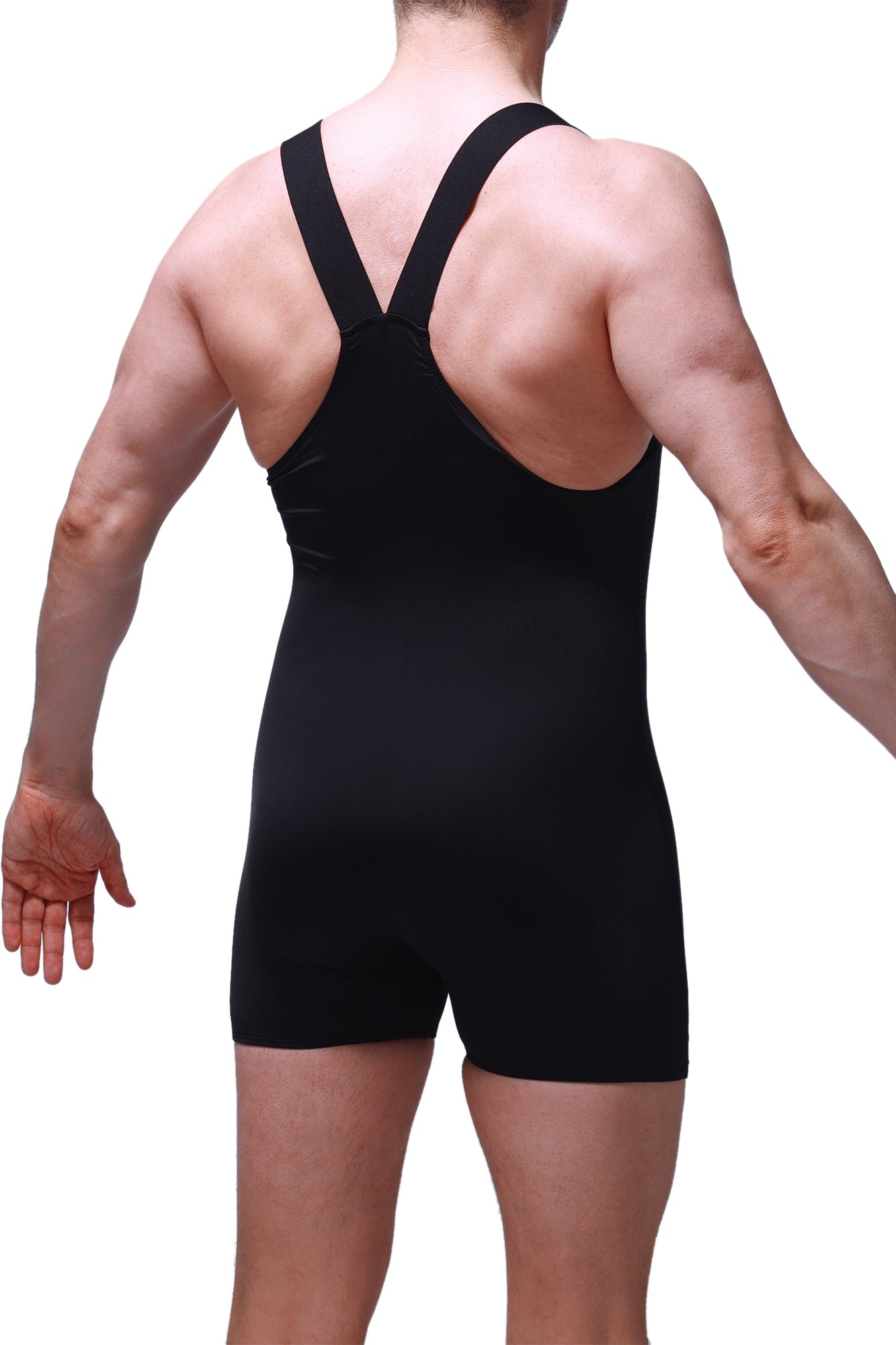 Black form-fitting one-piece athletic bodysuit with wide straps and backless design petitq bodysuit boxer ondel black