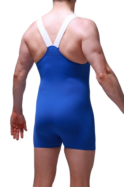 Blue athletic singlet bodysuit with white cross-back straps shown from the back for active wear by PetitQ