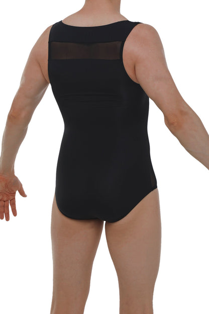 Back view of petitq bodysuit herlys black sleeveless leotard with sheer mesh panel across upper back