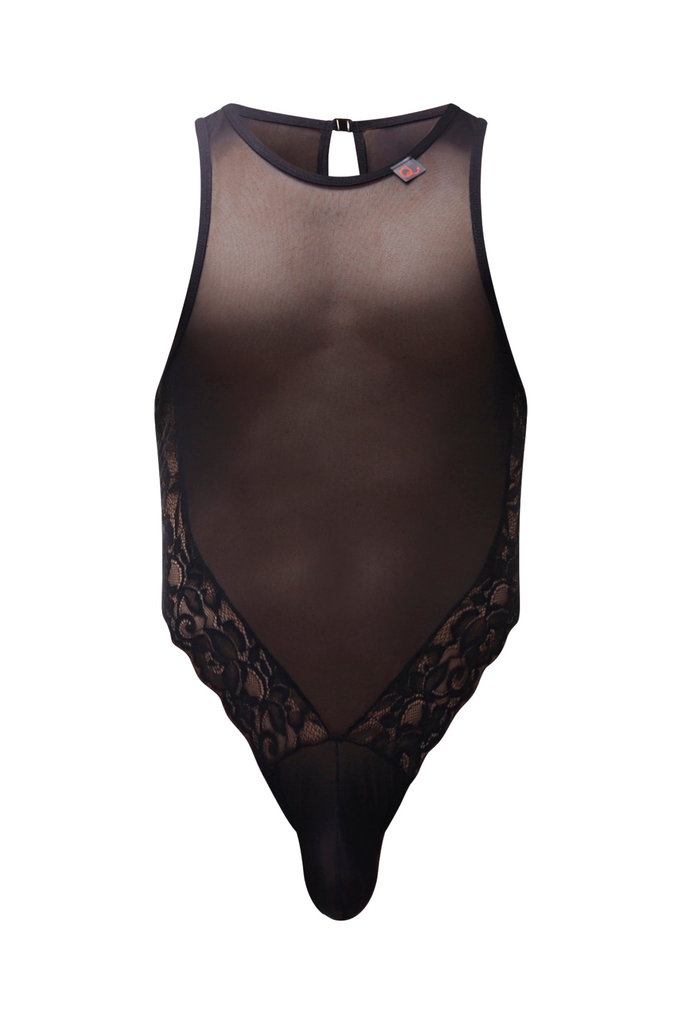 PetitQ bodysuit Murol black sheer mesh with intricate lace trim along sides and back clasp shown from the back