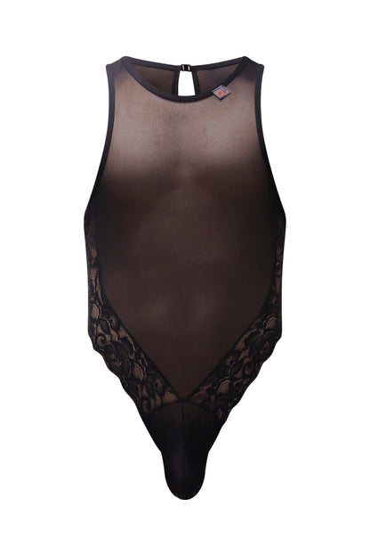 PetitQ bodysuit Murol black sheer mesh with intricate lace trim along sides and back clasp shown from the back