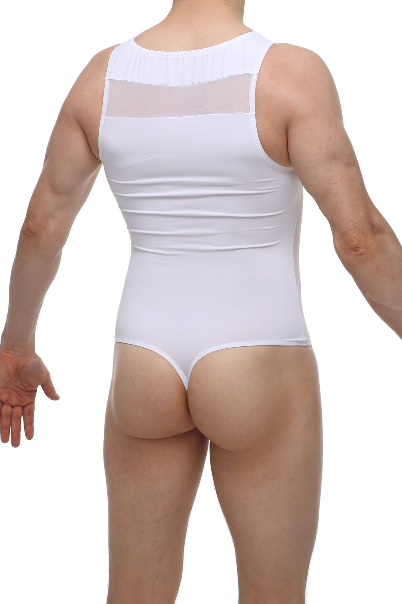PetitQ bodysuit Raix white sleeveless form-fitting with a sheer mesh panel on the back made from soft fabric