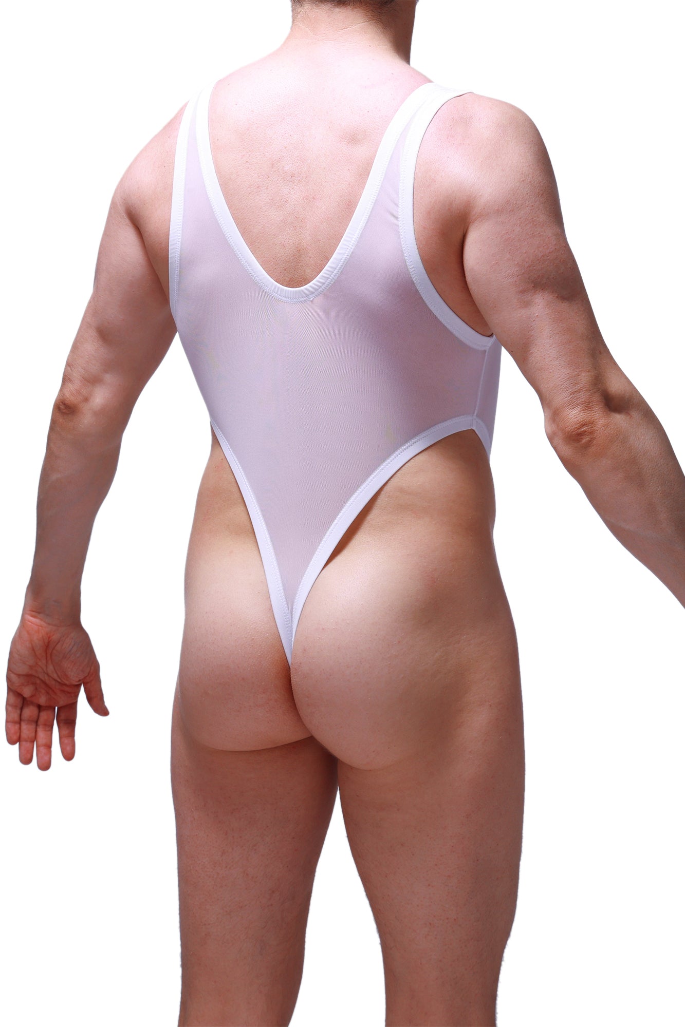 White sheer one-piece swimsuit with white trim made of net material from PetitQ bodysuit thong collection