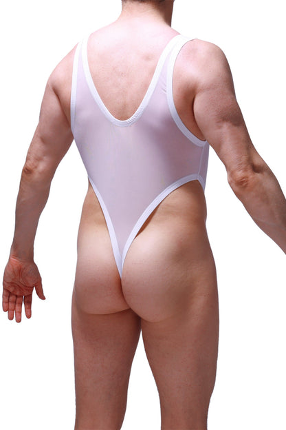 White sheer one-piece swimsuit with white trim made of net material from PetitQ bodysuit thong collection