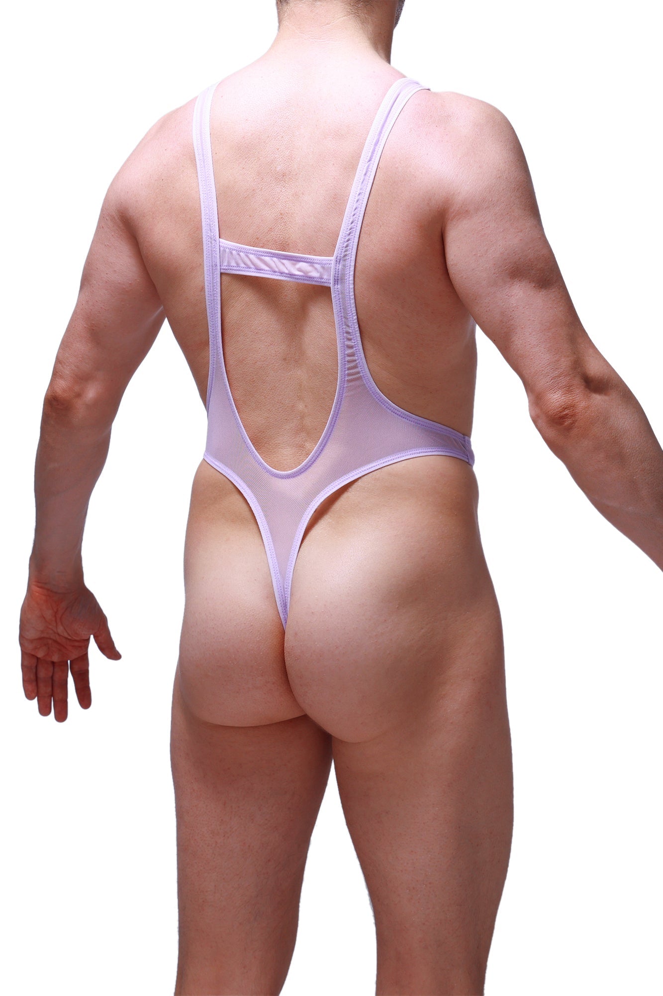 Sheer lavender petitq bodythong aunou net lilac one-piece swimsuit with thin straps and cutout back shown from behind