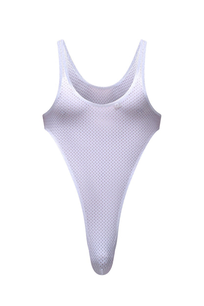 White mesh high-cut bodysuit with scoop neckline and thin straps petiteq bodythong carbay bee white front view